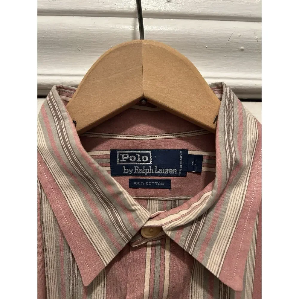 Men’s Polo Ralph Lauren Pink Beige Grey Popover Button Up Shirt Striped Large - Picture 3 of 8